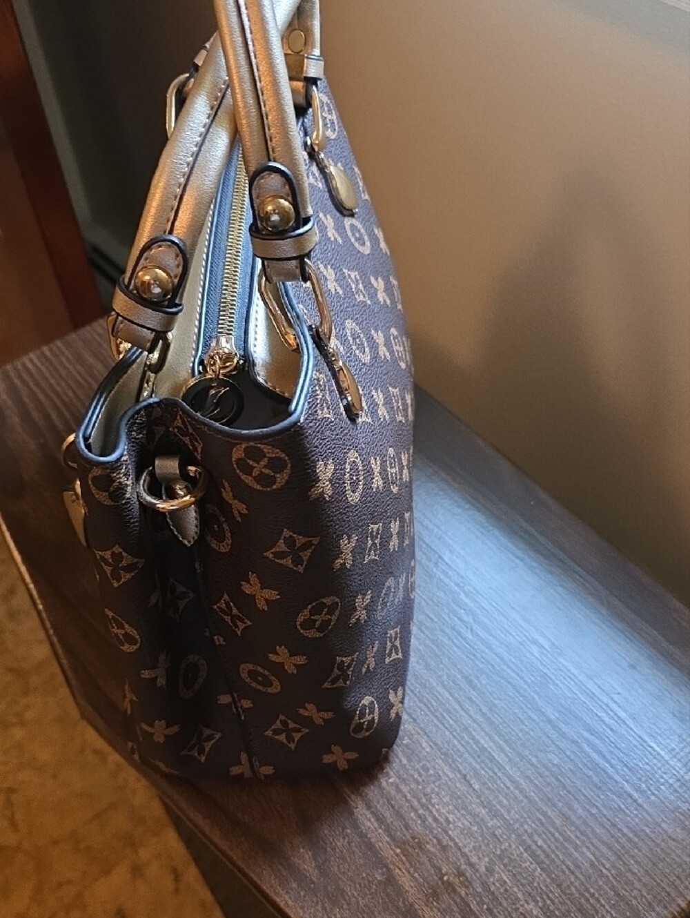 Brown Monogram Satchel Handbag with Gold Accents - Picture 3 of 16